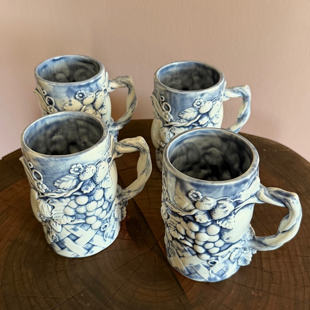 Vintage Blue White Embossed Fruit Basketweave Ceramic Mugs Set of 4 Cottagecore - Picture 5 of 6